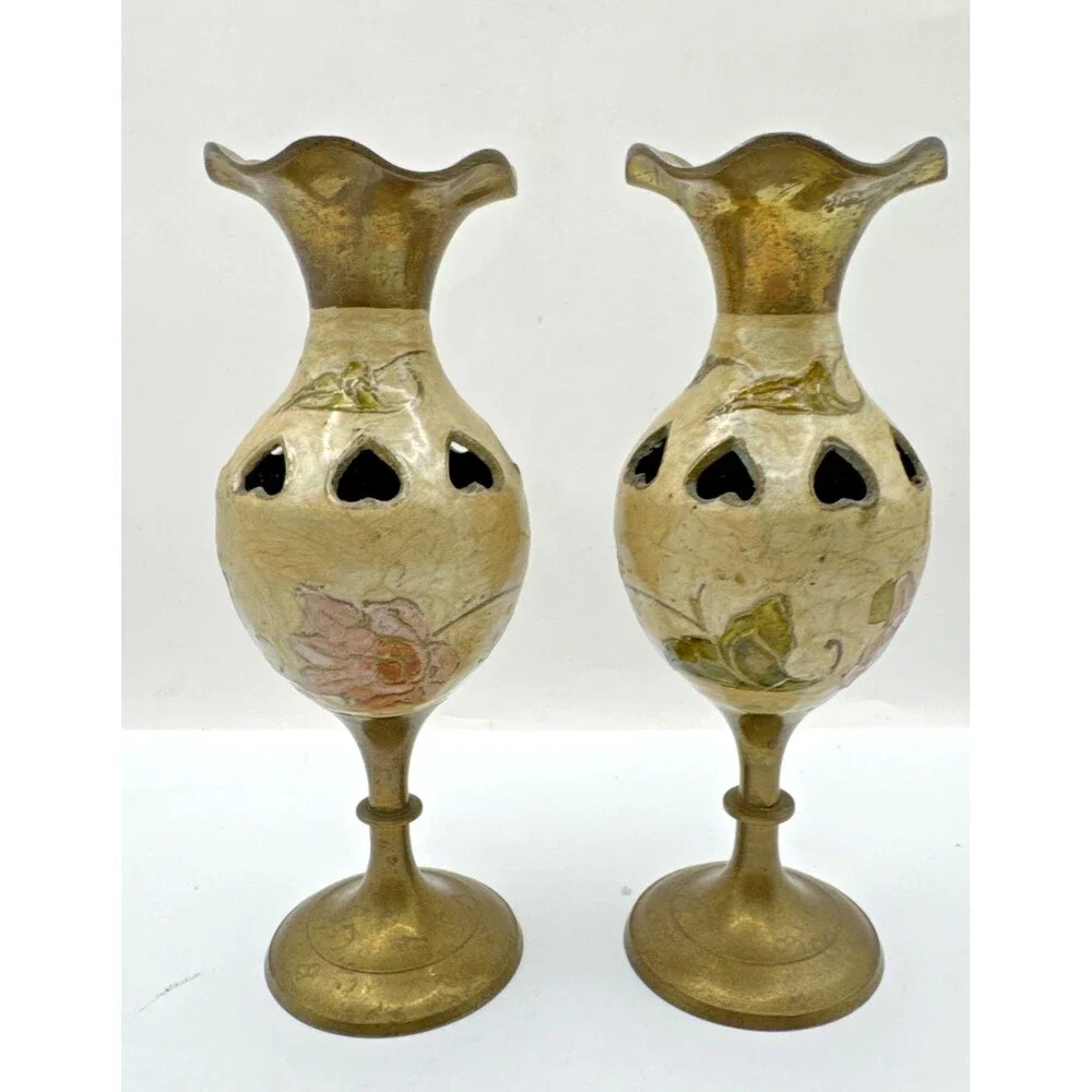 Set 2 Vintage Cloisonné And brass Vase Floral Bud Vase Multi Color Enamel 6.5”